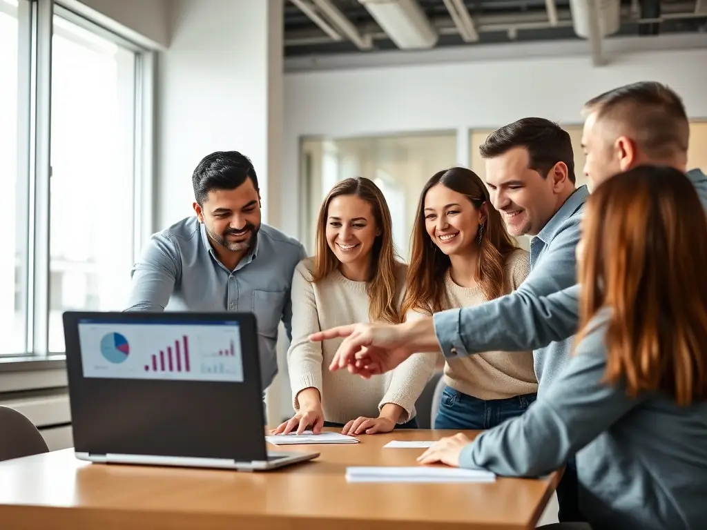 A diverse team of marketing professionals collaborating in a modern office space, showcasing a positive and inclusive work environment at The Global Field.