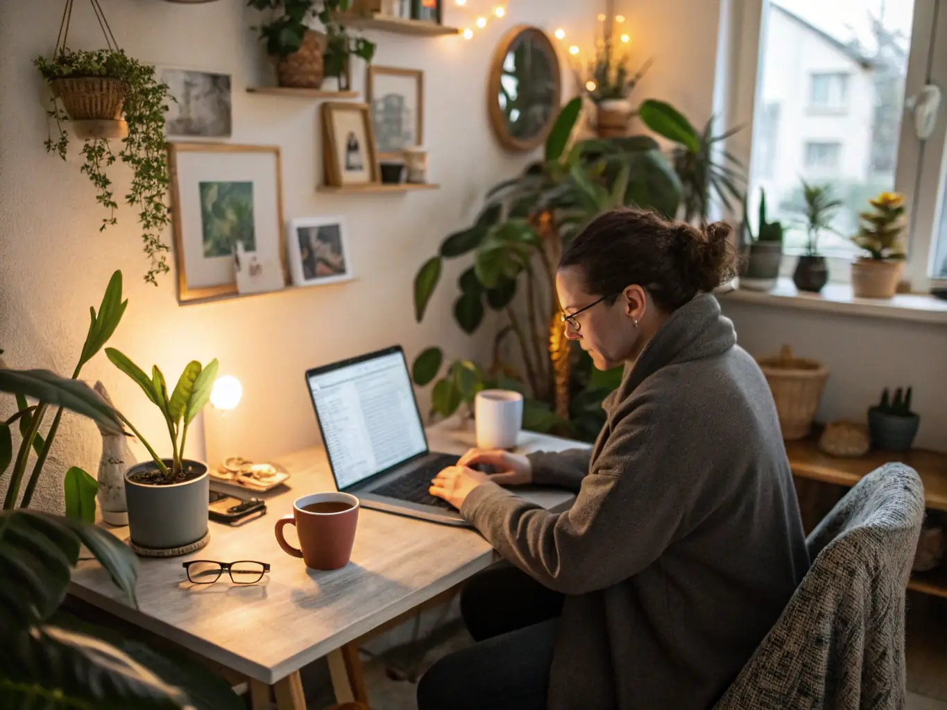 An employee at The Global Field working remotely from a comfortable home office, emphasizing the company's commitment to work-life balance.